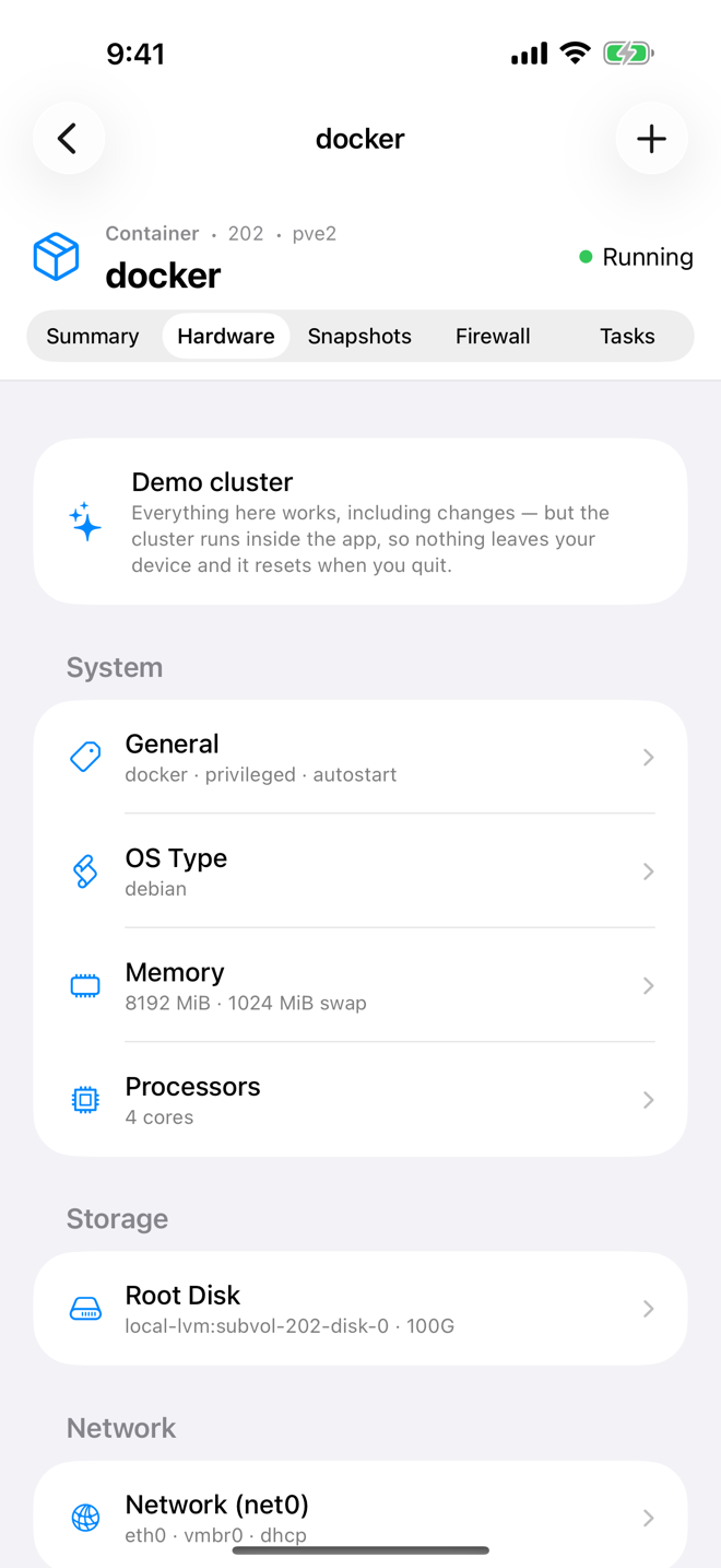 Hardware tab of the container docker