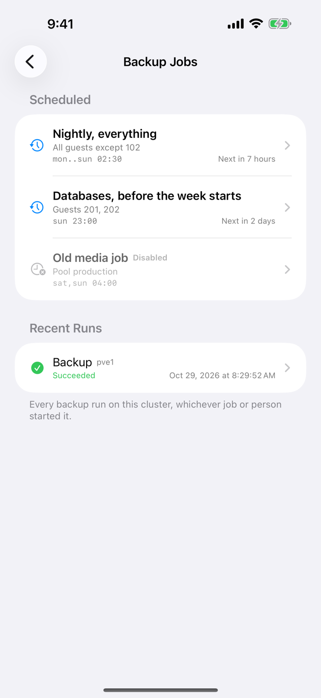 Backup Jobs with their schedules and recent runs