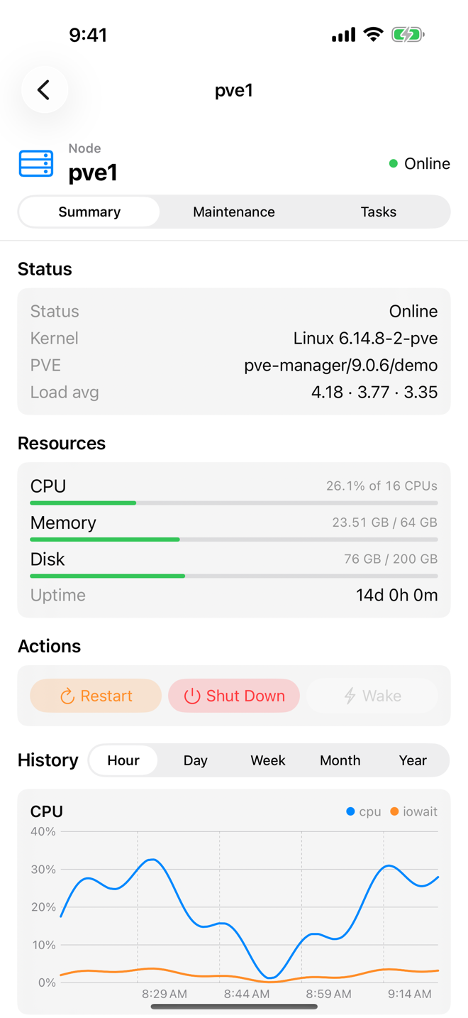 Summary of node pve1 with status, resources, power actions and the CPU history