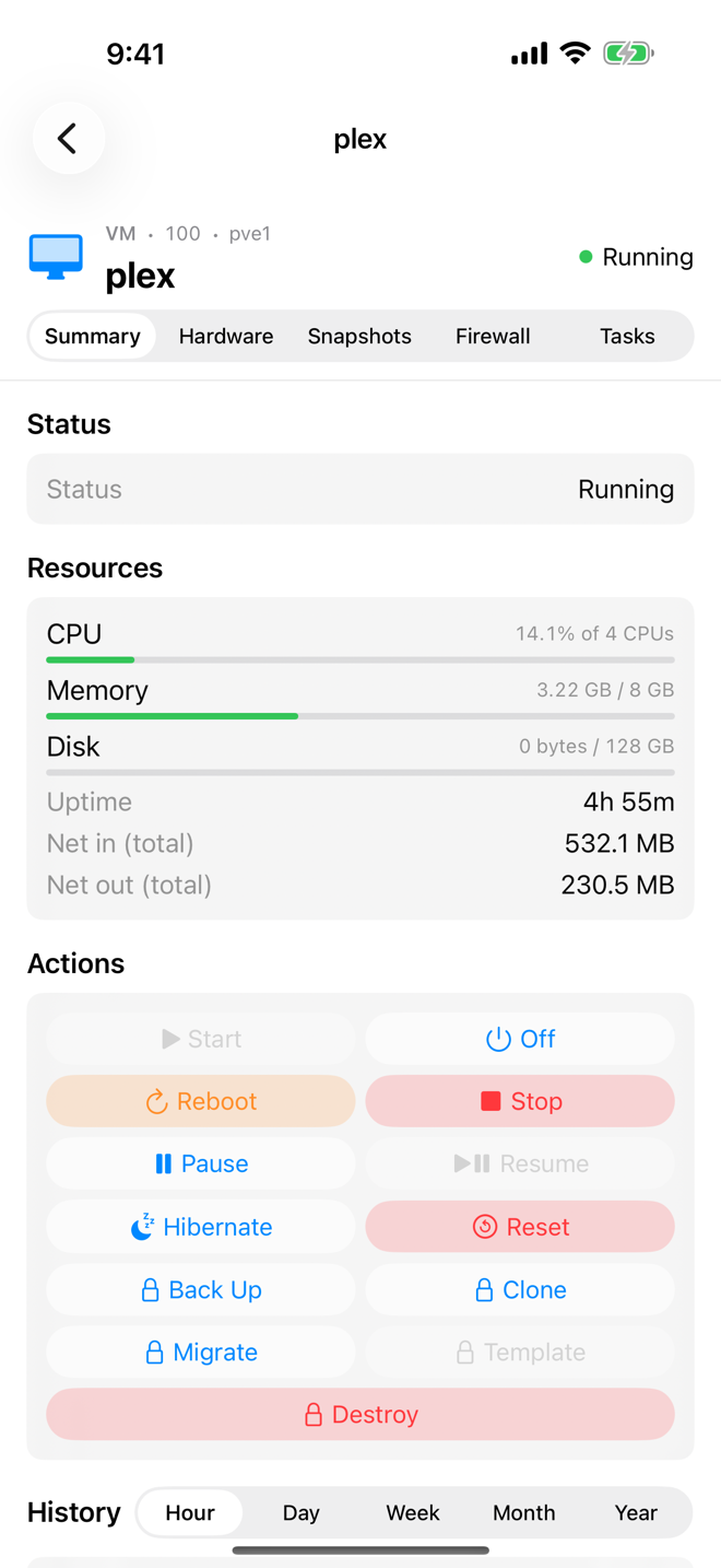 Summary of the virtual machine plex with status, resources and power actions