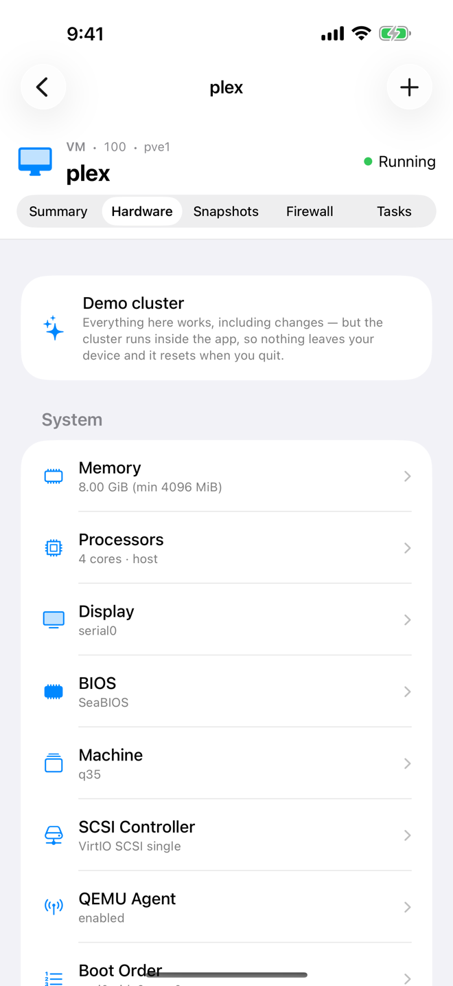 Hardware tab of the virtual machine plex