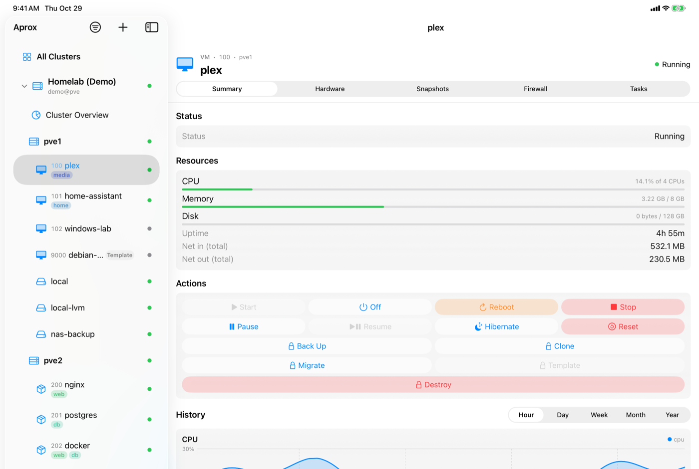 A virtual machine on iPad with its detail tabs