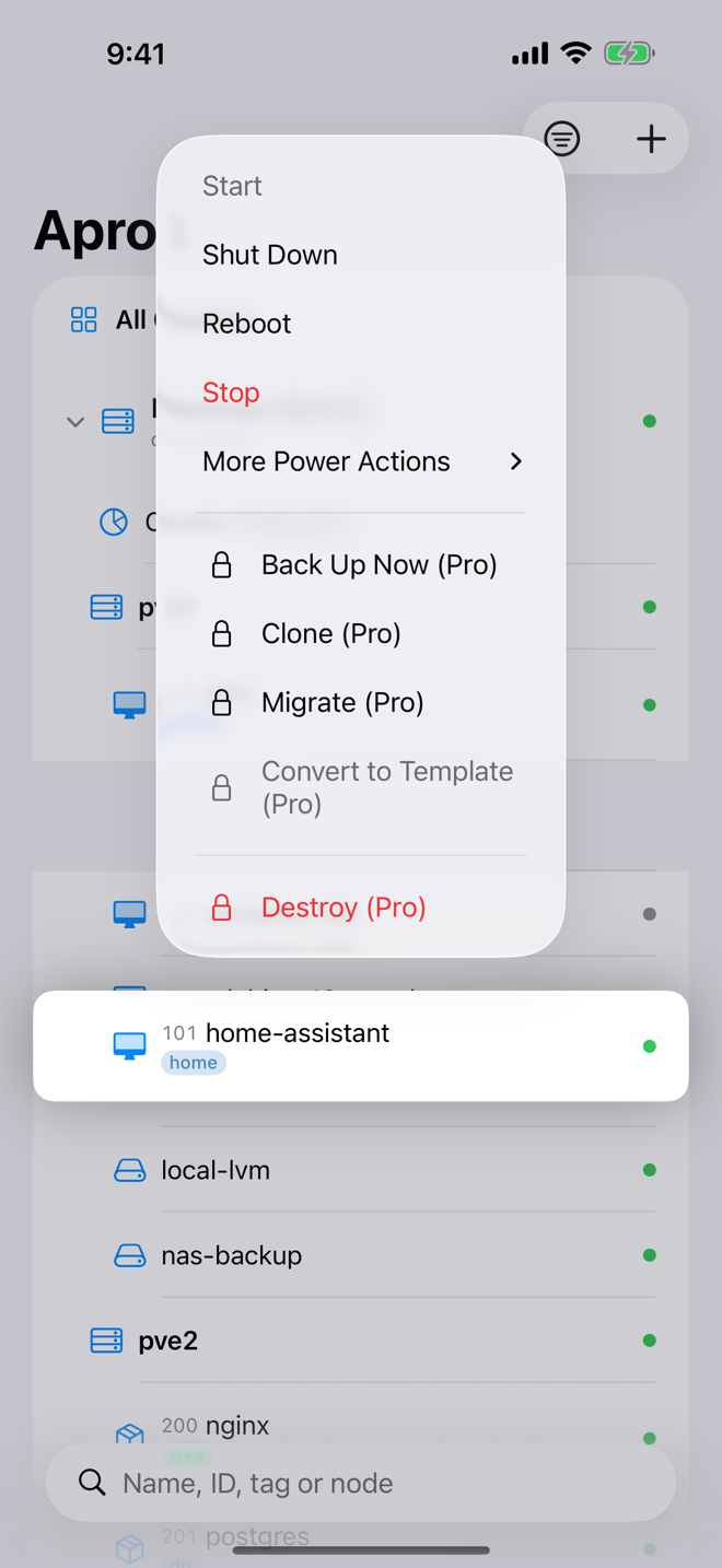 Context menu of a guest with the power actions and the Aprox Pro actions