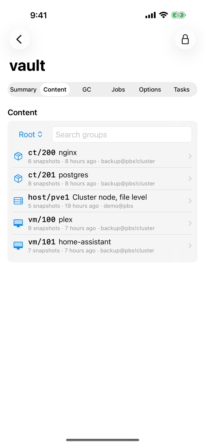 Content tab of a datastore with the namespace picker and the backup groups