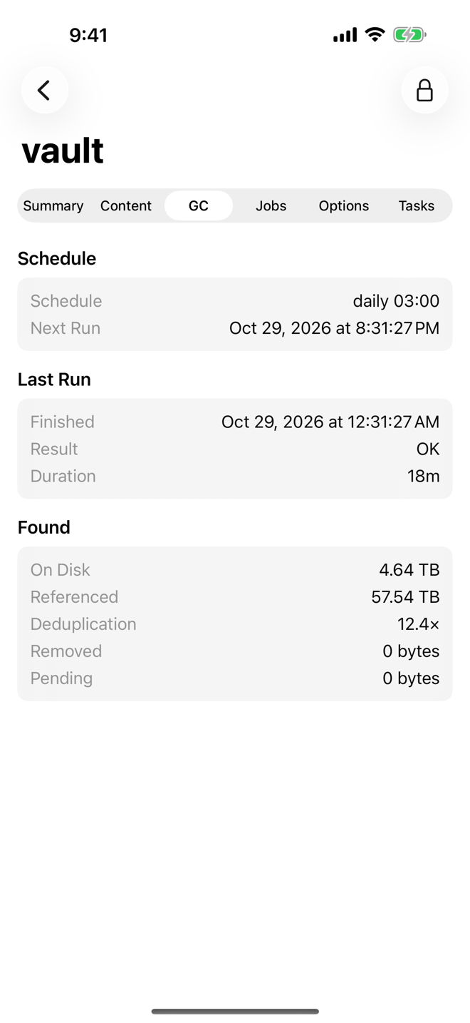 GC tab of a datastore with schedule, last run and the sizes found