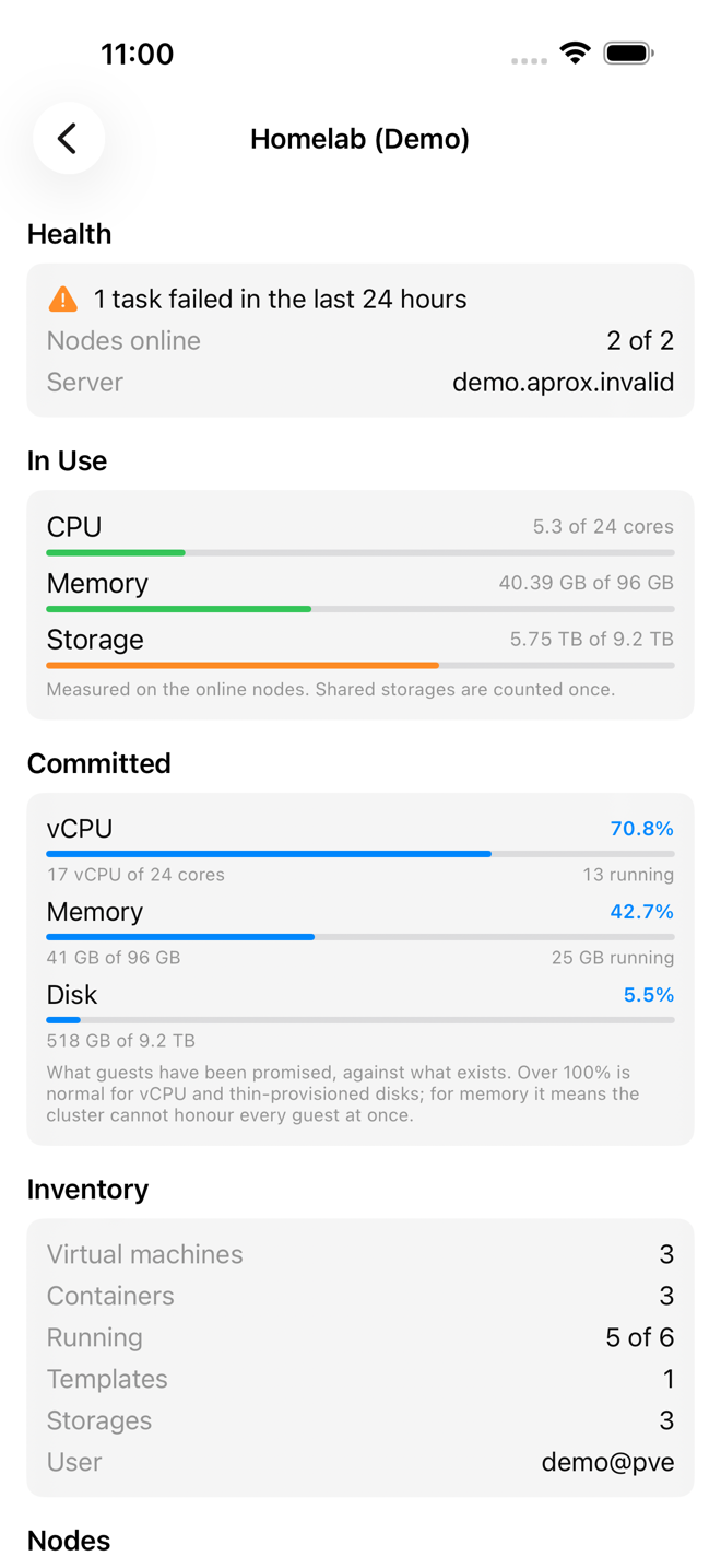 Cluster Overview of Homelab (Demo) with Health, In Use, Committed and Inventory
