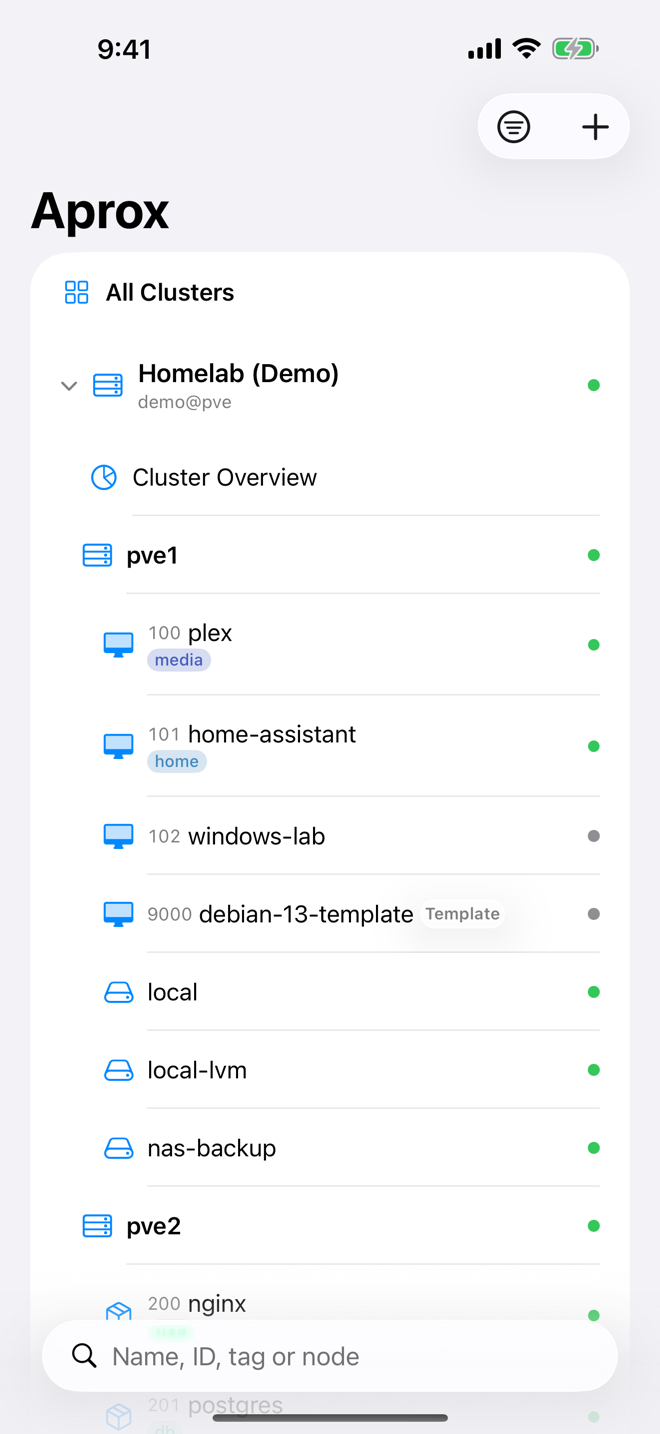 Sidebar with the Homelab (Demo) cluster expanded: Cluster Overview, nodes, guests with tag chips and storages