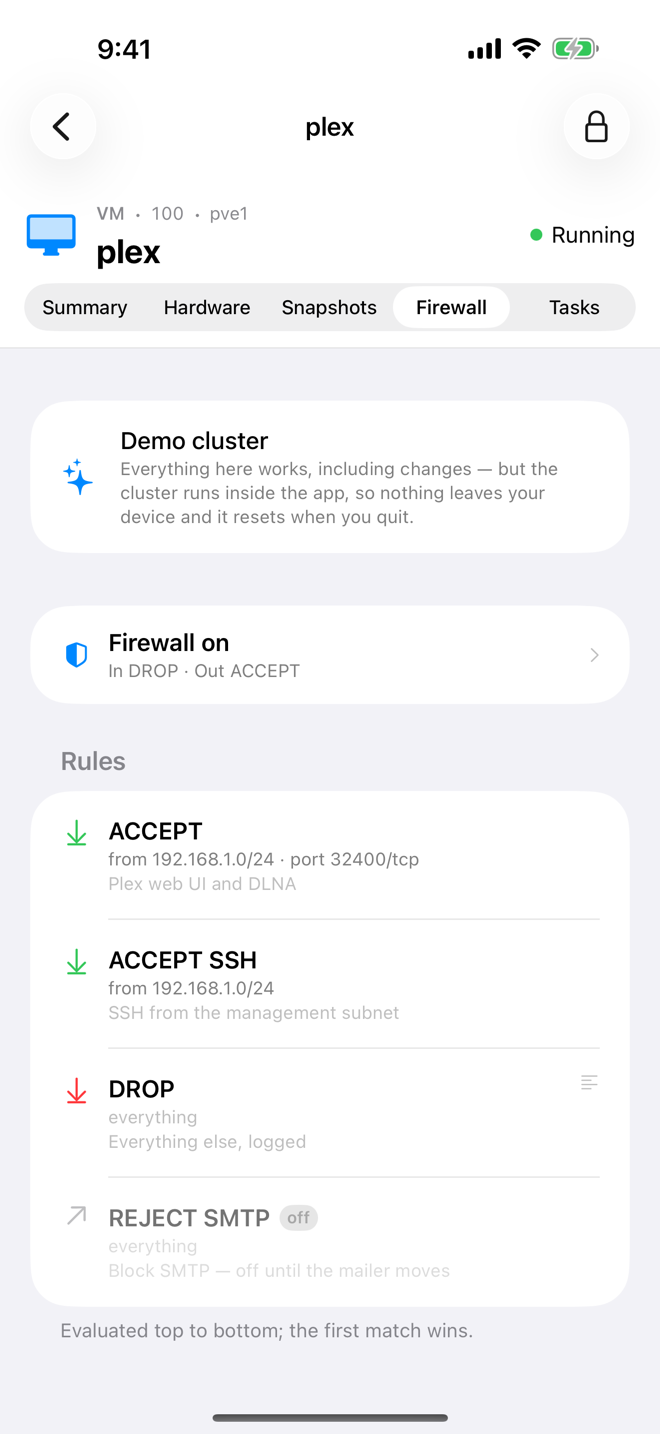 Firewall tab of plex with the status row and the rules