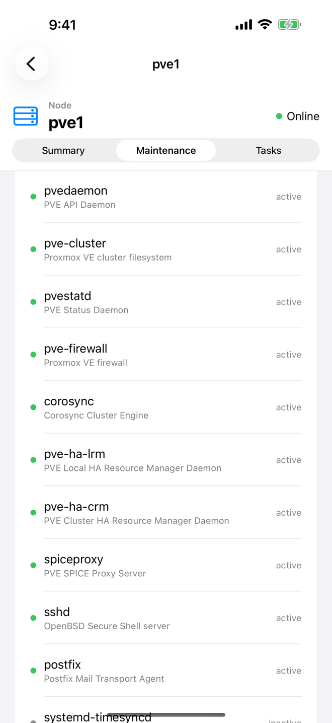 Services of node pve1 with their state, in the Maintenance tab